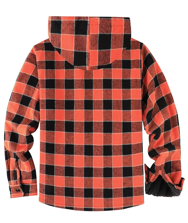 Mens Flannel Hooded Jacket Sherpa Lined Zip Up Plaid - Orange Black XX-Large