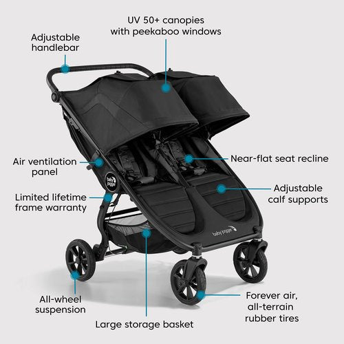 Baby Jogger City Mini GT2 All-Terrain Double Stroller with Forever Air Rubber Tires and All-Wheel Suspension Pike Exclusive Includes Belly Bars Leatherette Handlebar and Premium Fabric