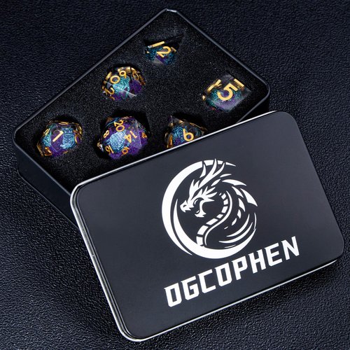 OGCOPHEN DND Cat Dice 7PCS Polyhedral Sharp Edge Dice Set with Gift Case for Dungeons Dragons Role Playing Game, RPG Resin D and D Dice D6 D8 D10 D12 D20 D% (Gold Purple)