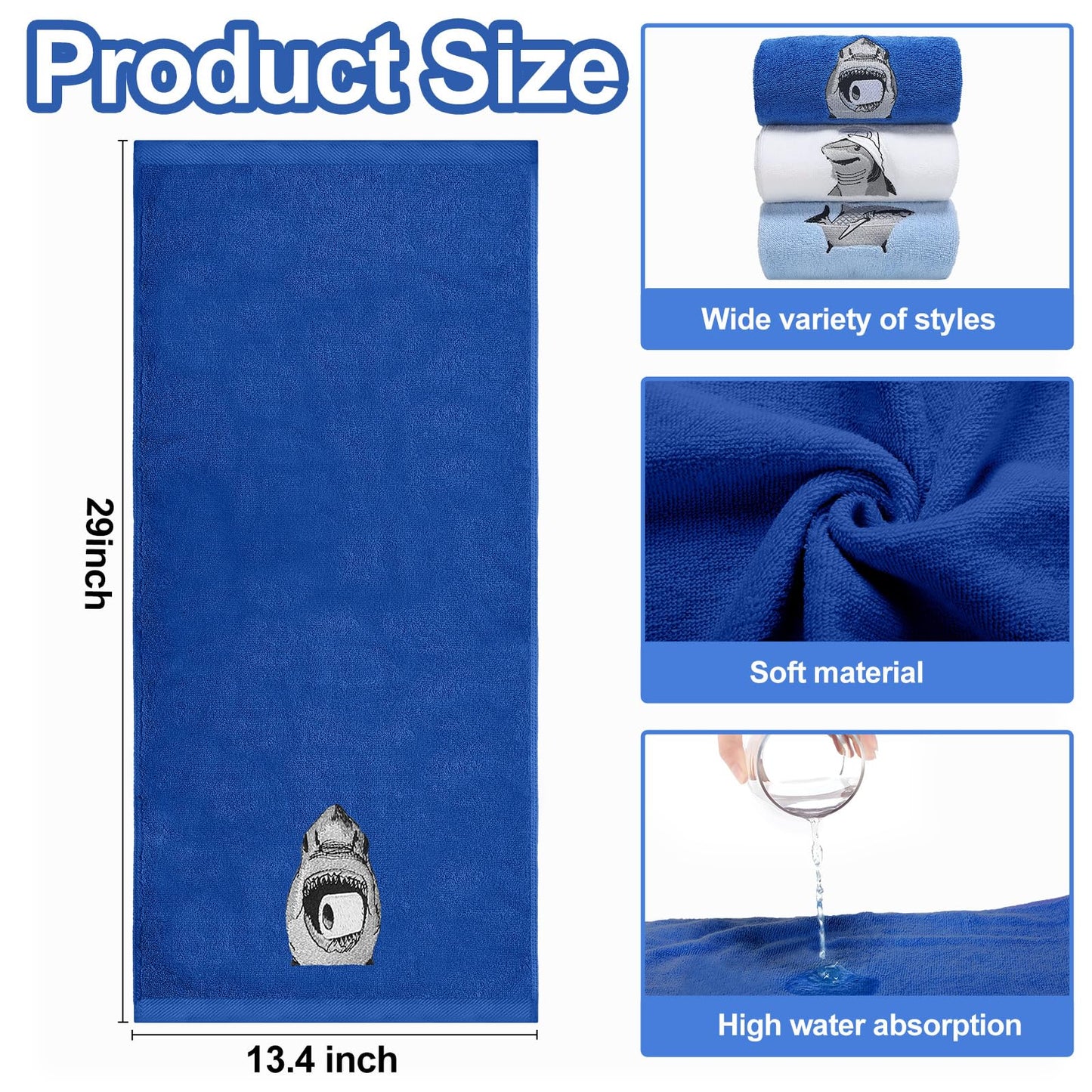 VitalCozy 3 Pcs Embroidered Shark Bathroom Hand Towels Shark Summer Decor 13.4 x 29 Inch Cotton Trendy Sea Beach Animals Bathroom Towels Decor for Funny Sea Lovers Gifts