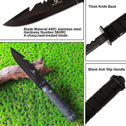 DOOM BLADE 11" Stylish Survival Tactical Fixed Blade Knife with Sheath - Made of Stainless Steel - Bushcraft and Camping Knife Survival - Perfect EDC Hunting Knife