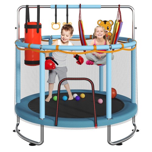Trampoline for Kids, Upgrade Full Anti-Rust 440lbsToddler Trampoline with Net, 55'' Upgraded Ring Legs with Adjustable Gymnastics Bar&Toys, Gifts for Ages 1-8 Boys&Girls（Blue）