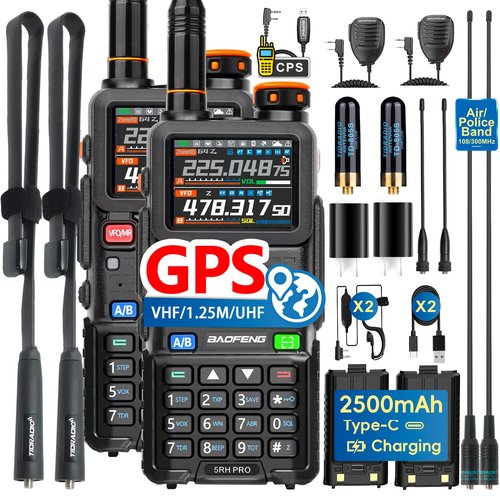 BAOFENG 5RH PRO GPS 10Ｗ Ham Handheld Radio, Multi-Band Long Range with 18.89 Inch Tactical Antenna 5RM Two Way Radio, Aviation Band Scanner, Copy Frequency Walkie Talkie APRS Type-C Charging,2 Pack
