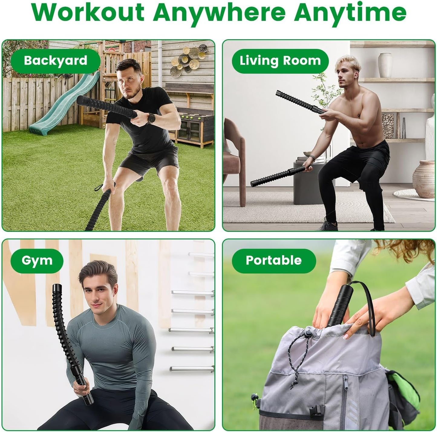 1Pair Ropeless Battle Ropes for Home Portable Compact Workout Exercise Training Battle Rope with Waist Strap for Women Men Strength Training Spring Bar