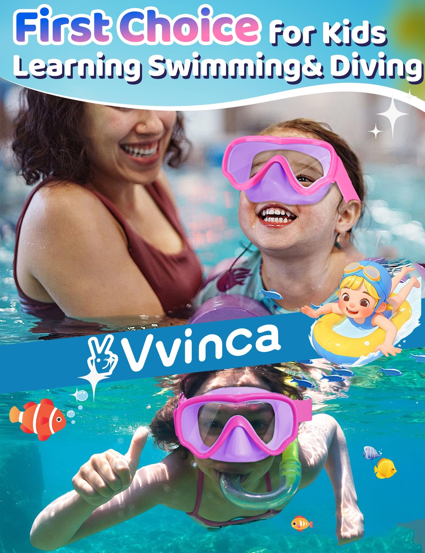 Vvinca Kids Swim Goggles with Nose Cover, Snorkel Diving Mask Fabric Strap Anti Fog Anti Shattered Lens Goggles for Kids 3-15