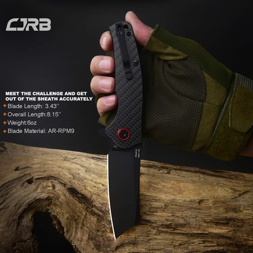 CJRB Crag Folding Pocket Knife, 3.43" AR-RPM9 Steel Blade Carbon Fiber Handle EDC Knife with Pocket Clip for Men Women Camping Survival Hiking, Black (J1904)
