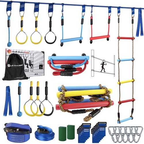 Ninja Warrior Obstacle Course for Kids, 2×56ft Slackline Kit with 8 Ninja Accessories - Monkey Bar, Rope Ladder, Gymnastic Ring, Arm Trainer and Monkey Fist