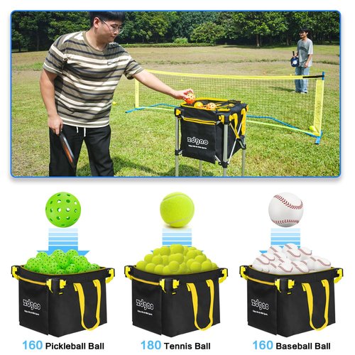LOMGWAYS Pickleball Tennis Ball Hopper-Foldable Lightweight Tennis Ball Cart Holds 180 Tennis with Removable Bag,Wheel,Side Pocket for Training/Teaching, for Tennis/Pickleball/Baseball/Softball