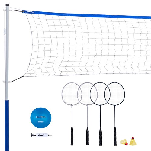 Franklin Sports Volleyball + Badminton Sets - Beach + Backyard Combo Complete Outdoor Lawn Game Set - Volleyball, Pump, Badminton Rackets, Birdies, Net + Poles Included