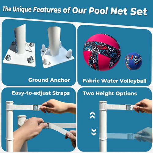 Fastoss Base Free Pool Volleyball Net Set - Deck Mounted for Inground Pools - Adjustable Heavy Duty Net with Rustproof Poles & Tear-Resistant Design - Includes 2 Waterproof Balls for Swimming Pools