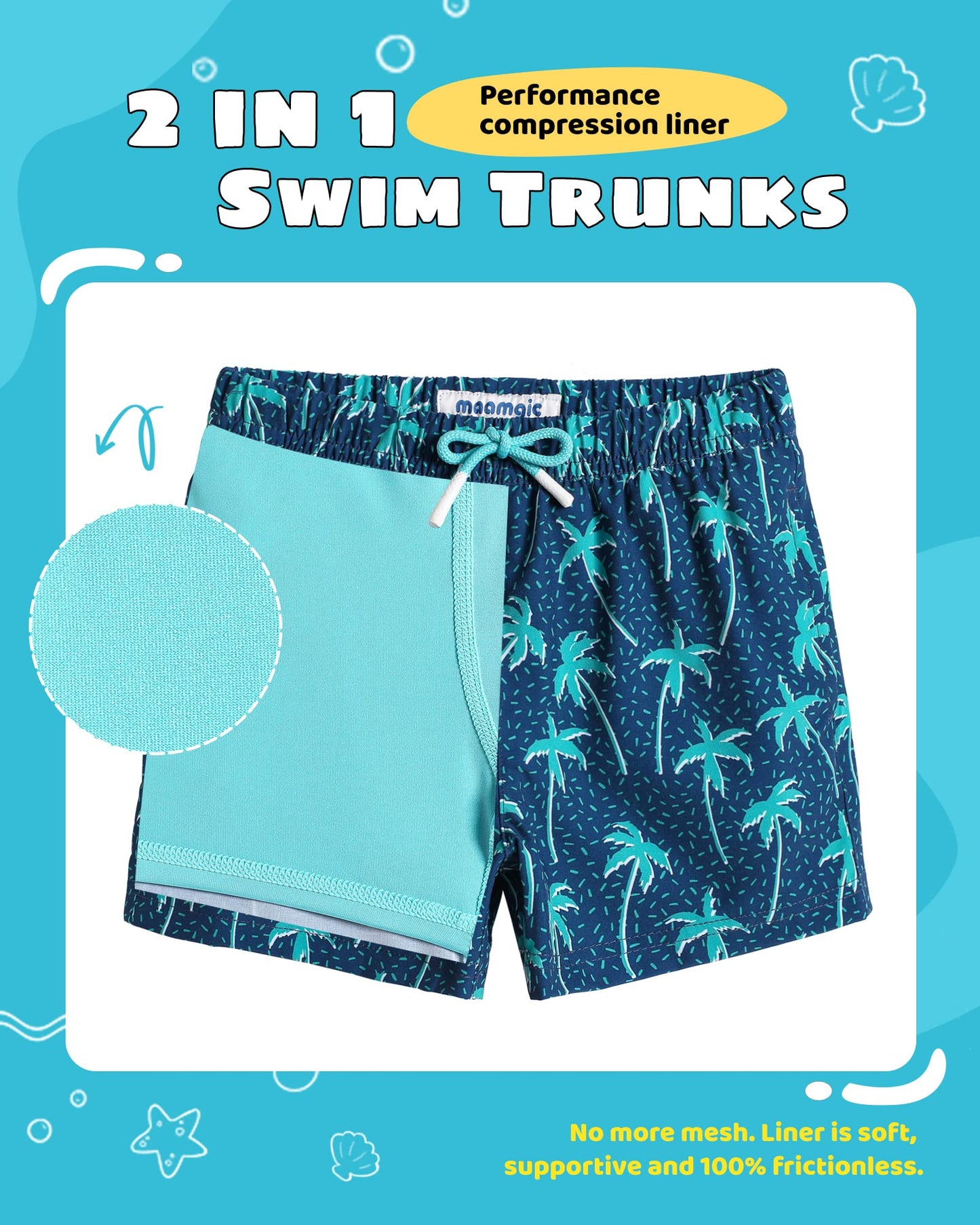 maamgic Boys Swim Trunks with Compression Liner Toddler Stretch Swim Shorts Quick Dry Swimming Trunks Boxer Brief 2 in 1 Beach Shorts Navy Blue Coconut 3T