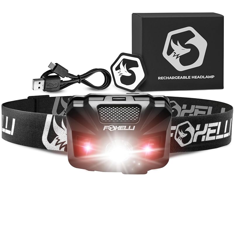Foxelli USB-C Rechargeable Headlamp - Ultra-Light 2.4 oz, 180 Lumens, Red/White 5 Modes, IPX5 Waterproof (Black)