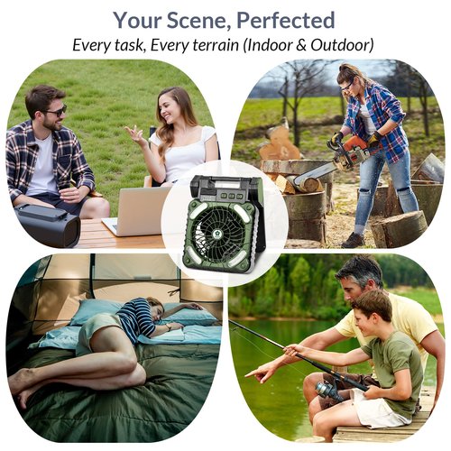 Indwell Portable Solar Camping Fan with LED Lantern - Rechargeable Battery Powered 5200mAh, Power Bank Function 4-Speed Cooling Dual Solar USB-C Charging Foldable for Outdoor Camping, Tent & Travel