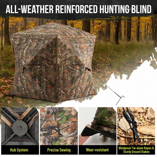 HUNTSEN Hunting Blind 360 Degree See Through Ground Blind with Full Open Door - 2-3 Person Pop Up Hunting Tent with Carrying Bag for Deer & Turkey