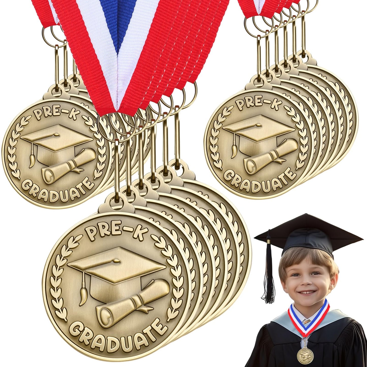 Remuuly 30/60 Pcs Kindergarten Graduation Award Medals for Kids 2'' Preschool Award Medallion with Neck Ribbon Congrats Graduation Gifts for School Student Party Favor(30 Pcs,Cap)