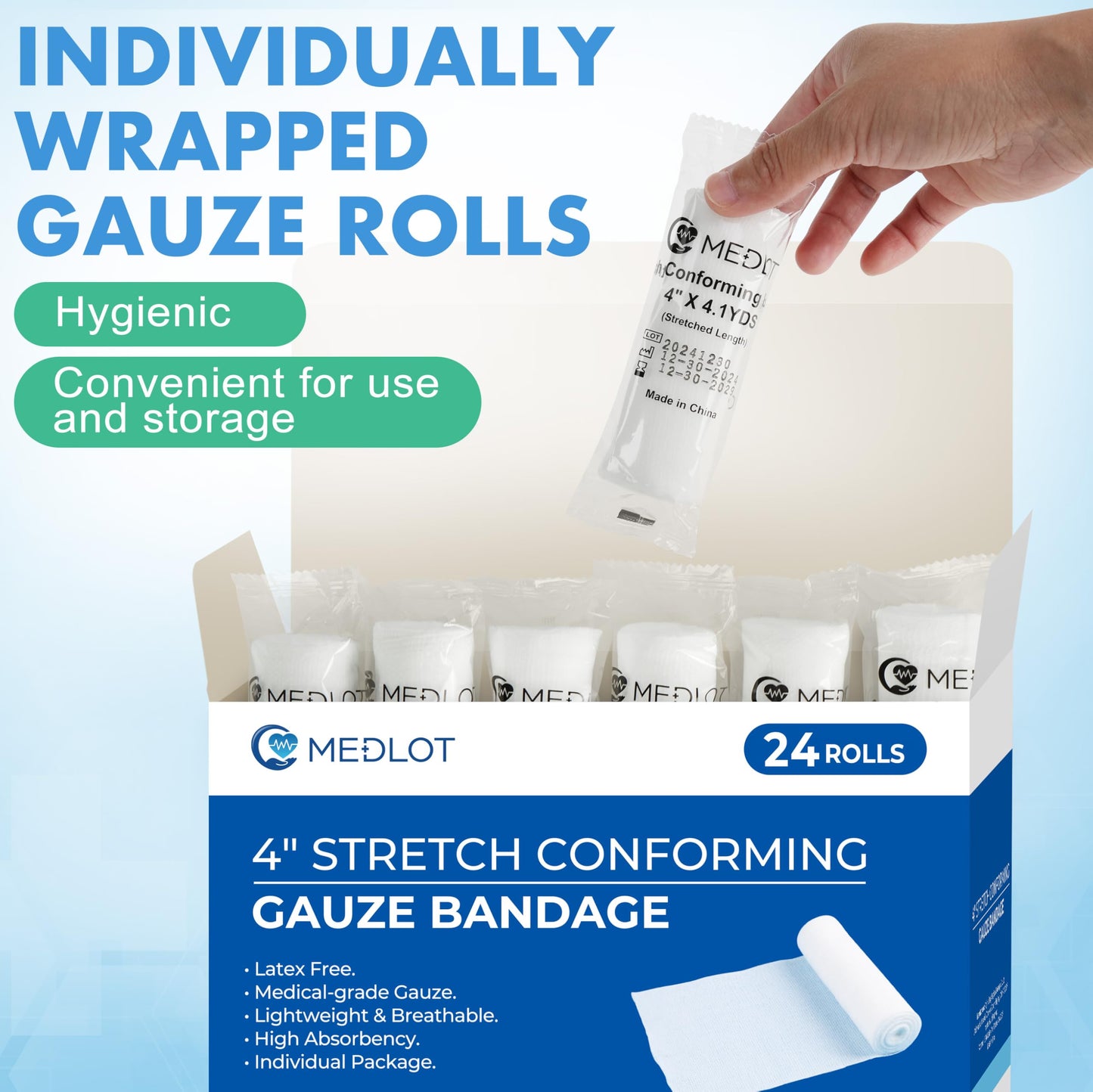 LotFancy Gauze Rolls, 24 Count, 4 Inch x 4.1 Yards, Rolled Gauze Wrap for Wounds, Conforming Stretch Bandage, Medical Supplies for First Aid