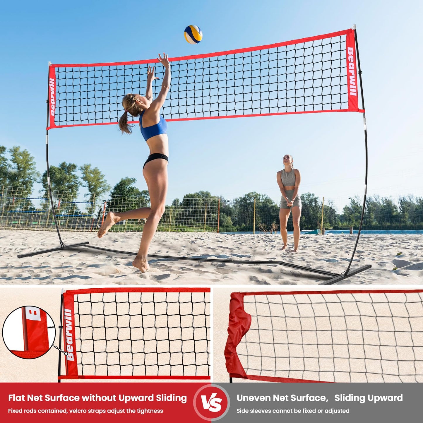 Bearwill Volleyball Net, 12FT Portable Volleyball Net for Backyard, Freestanding Volley Ball Set Height Adjustable with Carry Bag, Volley Ball Practice Nets Training Equipment for Indoor and Outdoor