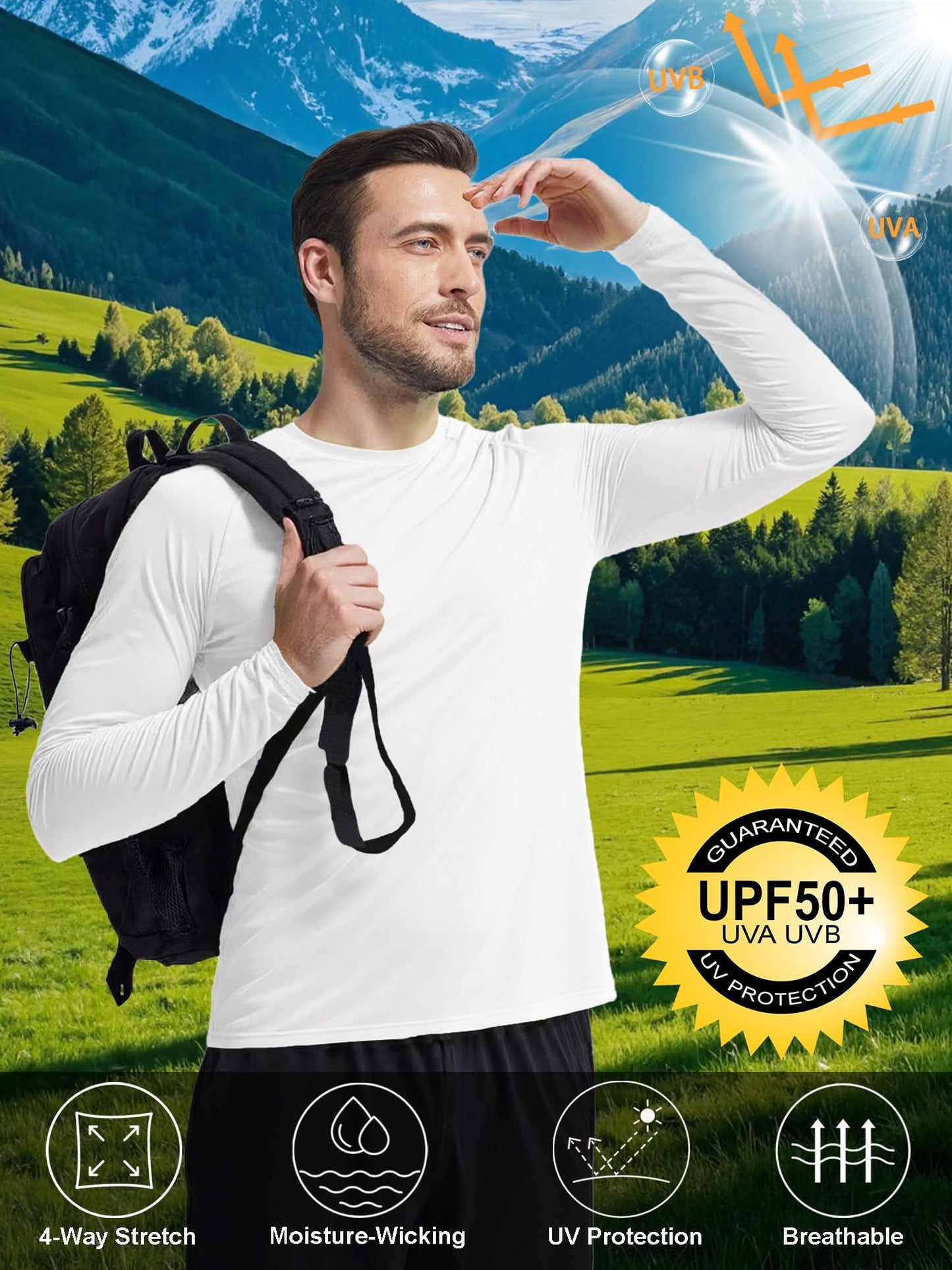 PLUMZJOY Mens UPF 50+ Long Sleeve SPF Diving Rash Guard UV Sun Protection Shirts for Outdoor Fishing Hiking Running Swimming White S