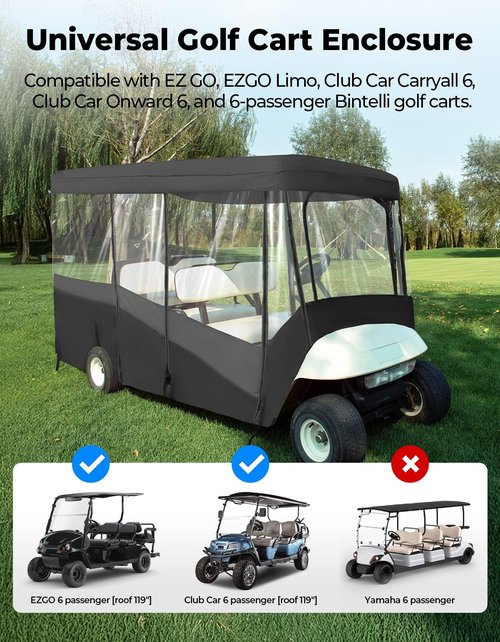 KEMIMOTO Golf Cart Enclosure, 6 Passenger Golf Cart Rain Cover, 600D Waterproof Driving Enclosure with Clear PVC Windshield for Extended Roof Golf