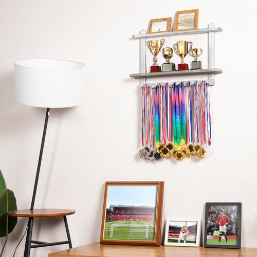 Lavievert Wooden Medal Hanger & Trophy Shelf, Wall-Mounted Race Medal Display with 2 Tier Storage Shelf, Medal Holder Trophy Rack with 19 Hanging Bars - White