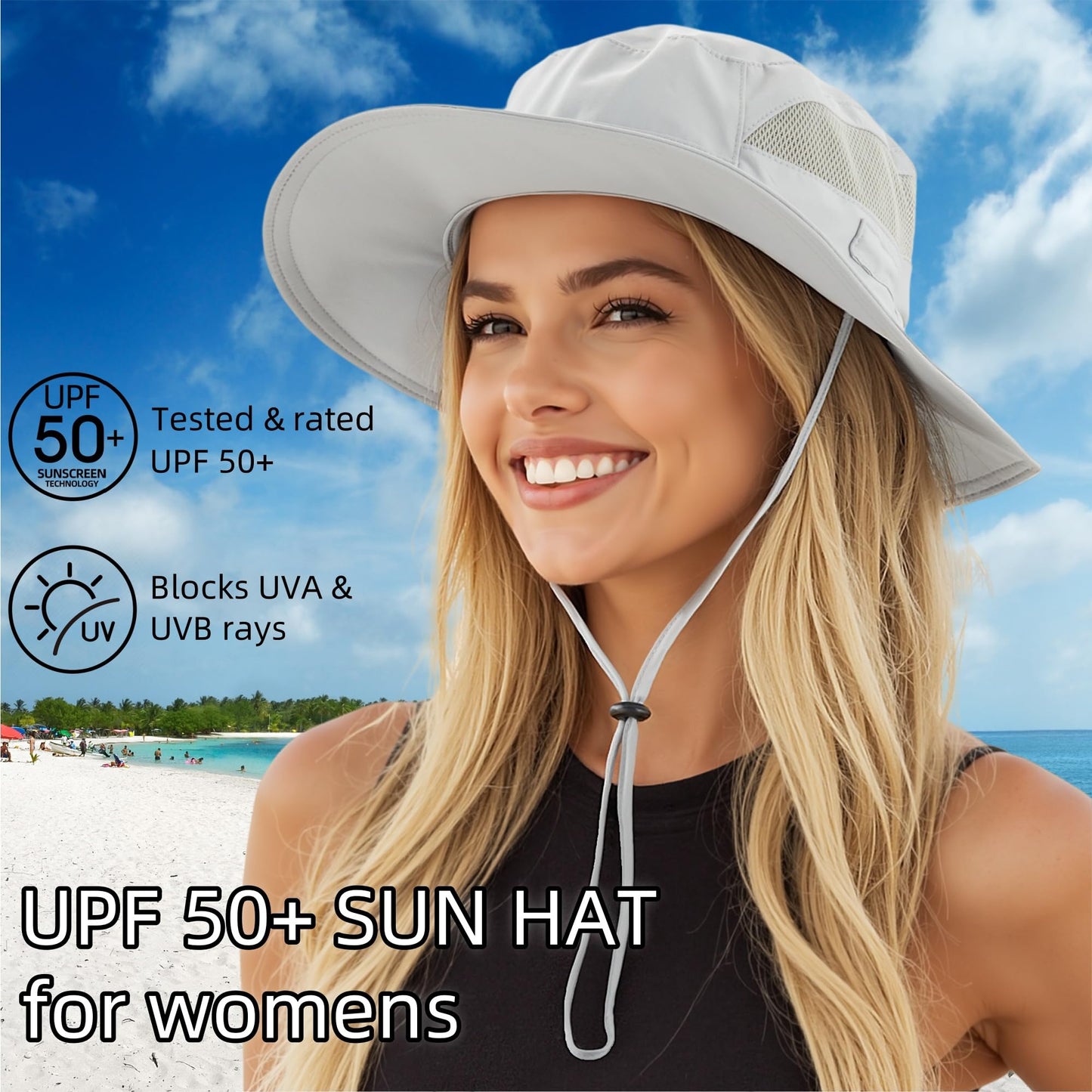 Connectyle Womens Sun Hat Outdoor Wide Brim Boonie Sun Hat Summer Beach Hats UV Protection Fishing Safari Cap Light Grey