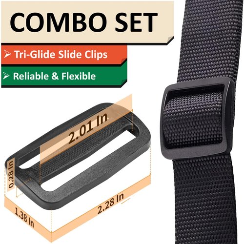 DEYACE 2 Inch Nylon Webbing Strap with Plastic Tri-Glide Slide Clips, 10 25 50 Yards Heavy Duty Nylon Strapping for Indoor or Outdoor Gear, DIY Crafting, Repairing (Black, 2" x 10 Yards)