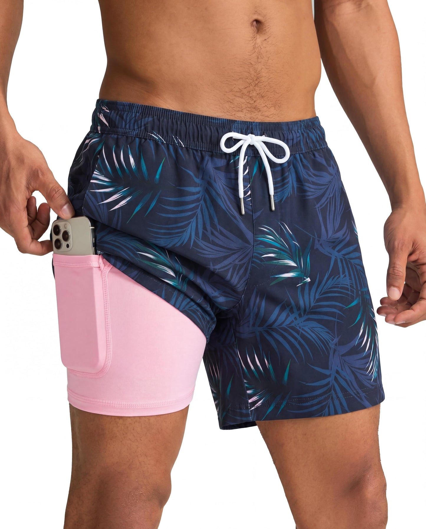 maamgic Mens Swim Trunks with Compression Liner 5 Inch, Quick Dry Bathing Suit with Zipper Pockets, Stretch No-Chafing Swim Shorts, Navy-Pink Leaf Silhouette XX-Large