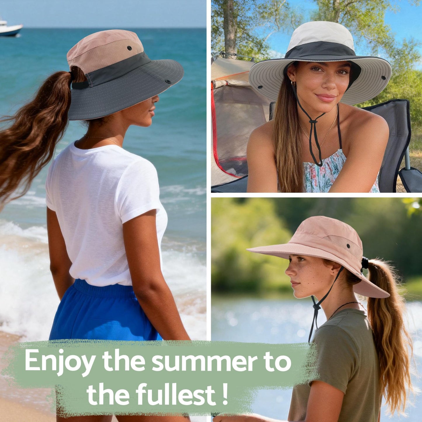NPQQUAN Ponytail Sun Hats for Women UPF 50+ Wide Visor UV Protection Packable Hat for Beach Hiking Gardening Pink/Grey