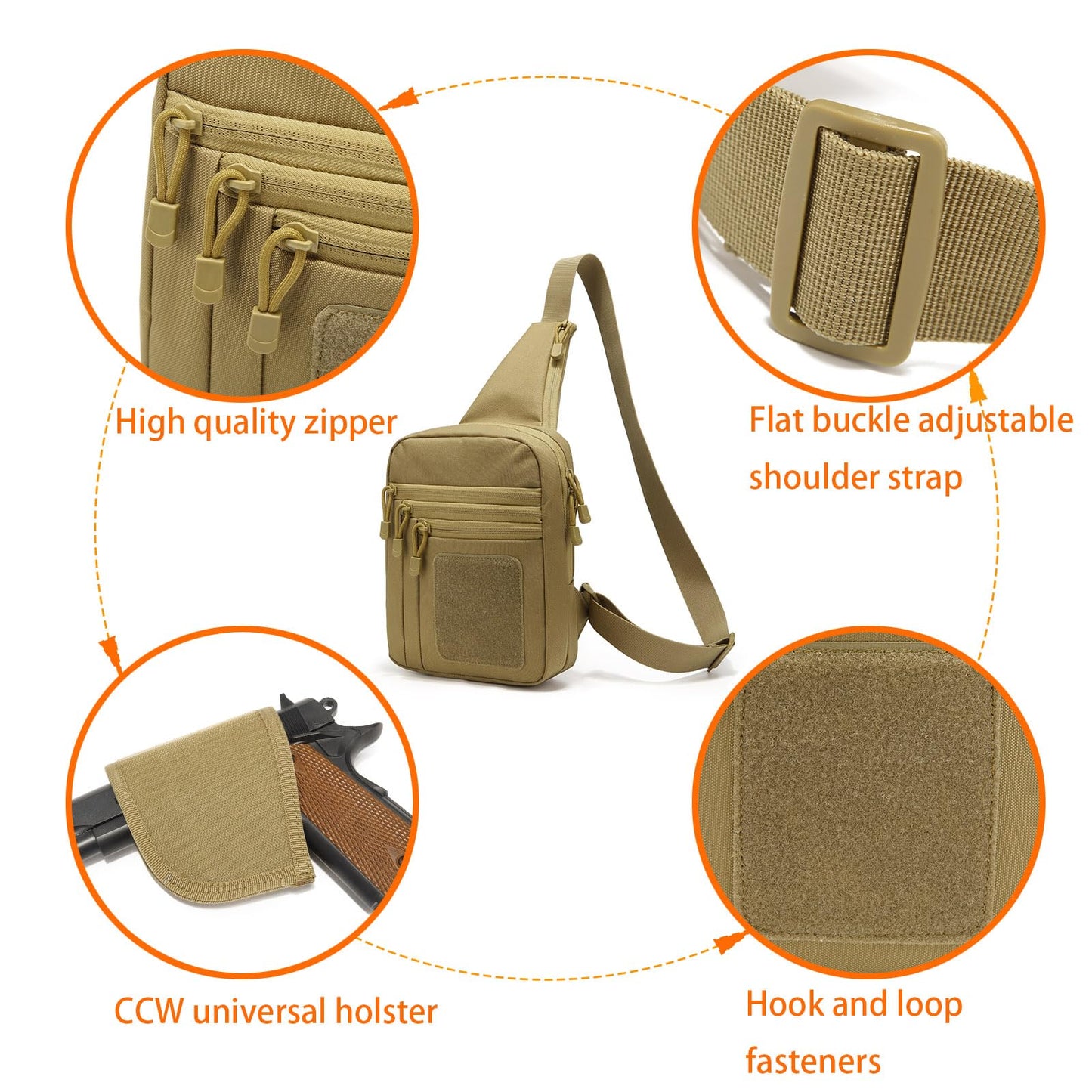 GAZJYUSP Small tactical concealed carry shoulder sling bag for men women Concealed carry crossbody bag with holster Personal pocket(Khaki)