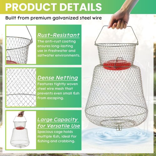 AMGSH 2 Pack Floatable Galvanized Steel Wire Fish Baskets, Collapsible Caget for Live Caught Fish, Portable Fishing Basket Wire Fishing Net Cage