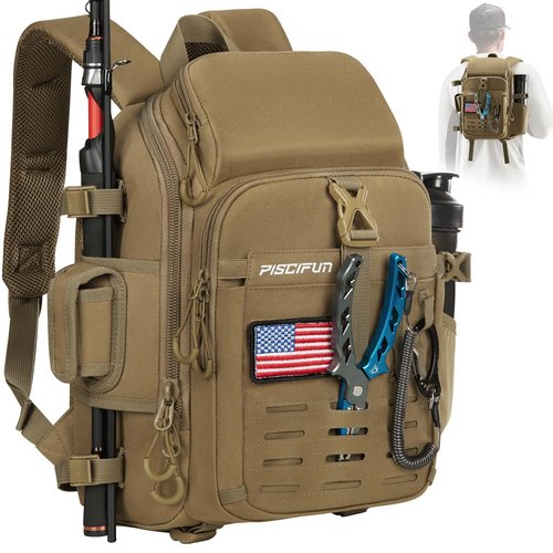 Piscifun Fishing Tackle Backpack with Rod & Gear Holder, Lightweight Outdoor Water-Resistant Fishing Shoulder Storage Bag with Protective Rain Cover, Khaki