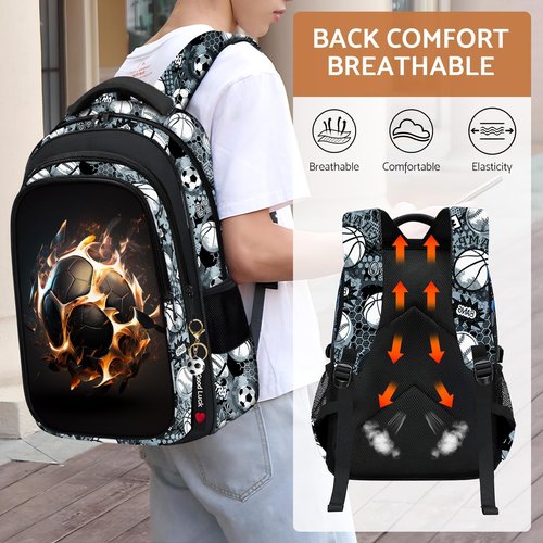 Fitvc School Backpack for Boys - 4pcs Soccer Boys Backpack with Lunch Box Set for Kids Children Teens Elementary Middle School - 17″ Sport Bookbag Travel Back Pack for Age 6-18