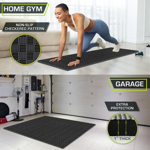 ProsourceFit Exercise Puzzle Mat 1-in, Checkered EVA Foam Floor Tiles w/Non-Slip Texture, Gym Mat w/Interlocking Foam Tiles for Adjustable Surface, Shock Absorbing, Waterproof Gym Flooring, Black