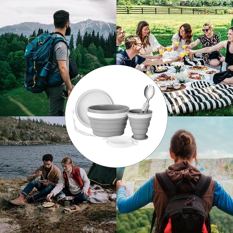Collapsible Silicone Cup and Bowl Mess Kit for Camping, 950ml Bowl + 200ml Cup
