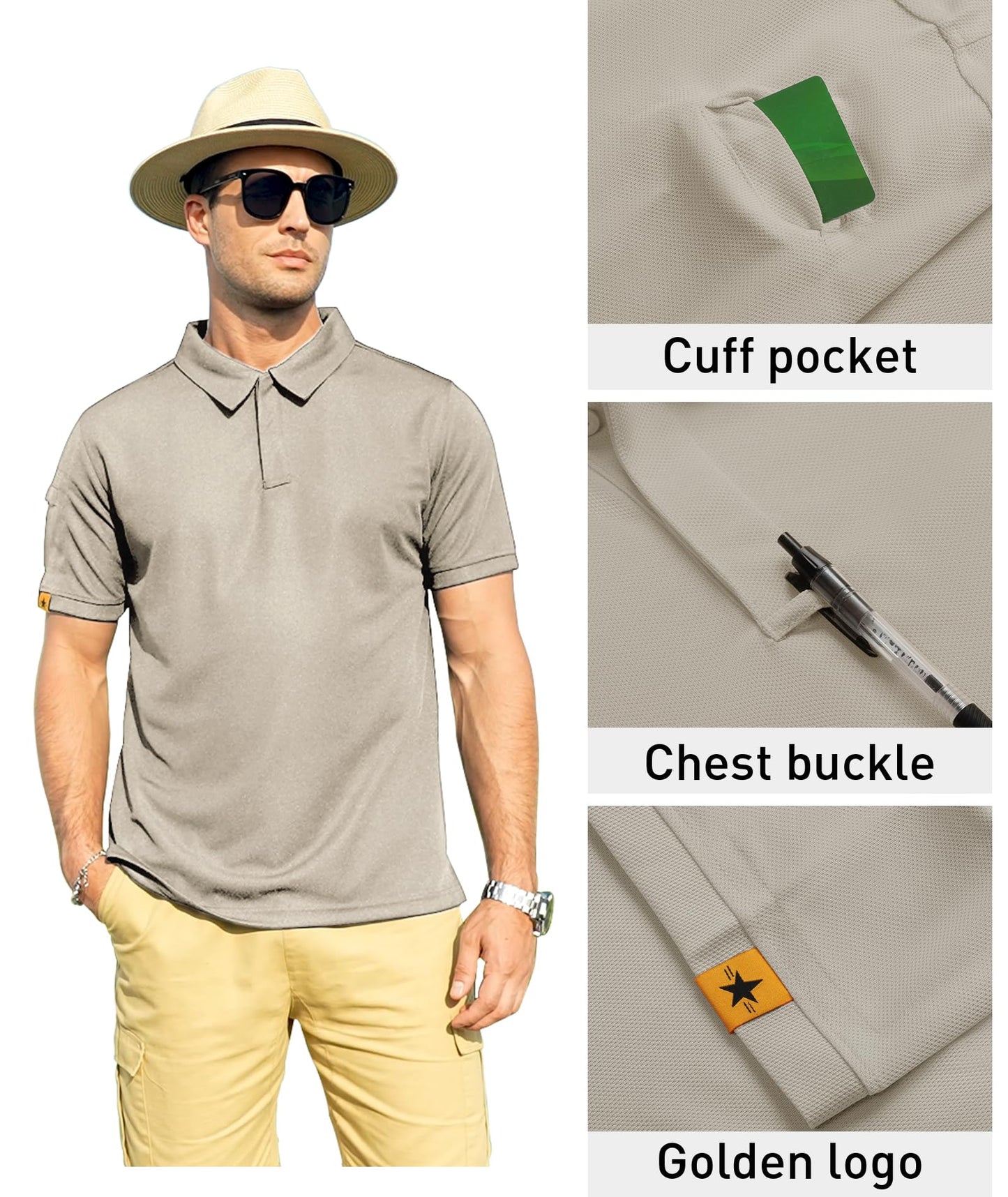 ZITY Mens Polo Shirt Short Sleeve Sports Tactical T-Shirt Athletic Golf Polos Daily Casual Stylish Collared Shirts for Men Lightkhaki 3X-Large
