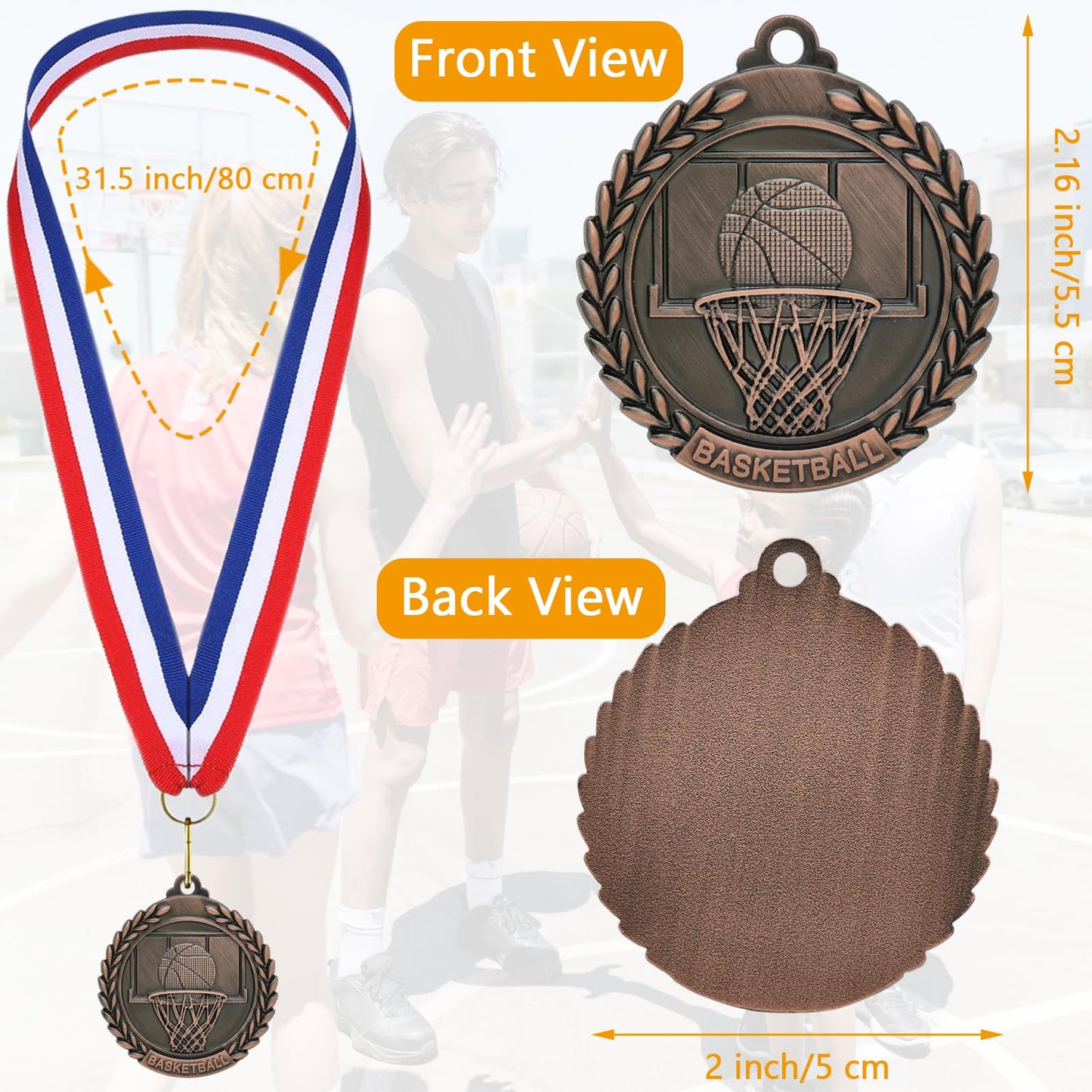 Donrime Basketball Medals for Awards - 12 Pack Bronze Metal Medal for Basketball Team, Sports Day Favors Prizes for Kids Boys Children Adults(Bronze)