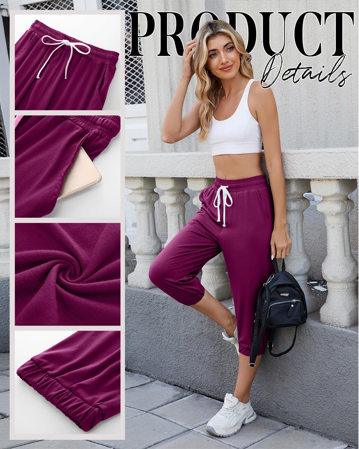 Ficerd 3 Pcs Women's Capri Sweatpants Joggers Casual Sports Cropped Lounge Pants High Waisted Athletic with Pockets (Black, Purple Red, Navy Blue,XLarge)