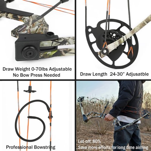 ZSHJGJR Archery Bowfishing Compound Bow Kit, 0-70lbs Adjustable,Ready to Fish Kit with Bowfishing Reel,Bow Fishing Arrows,Right Handed for Adult/Youth Fishing Hunting Target Shooting (Camo)