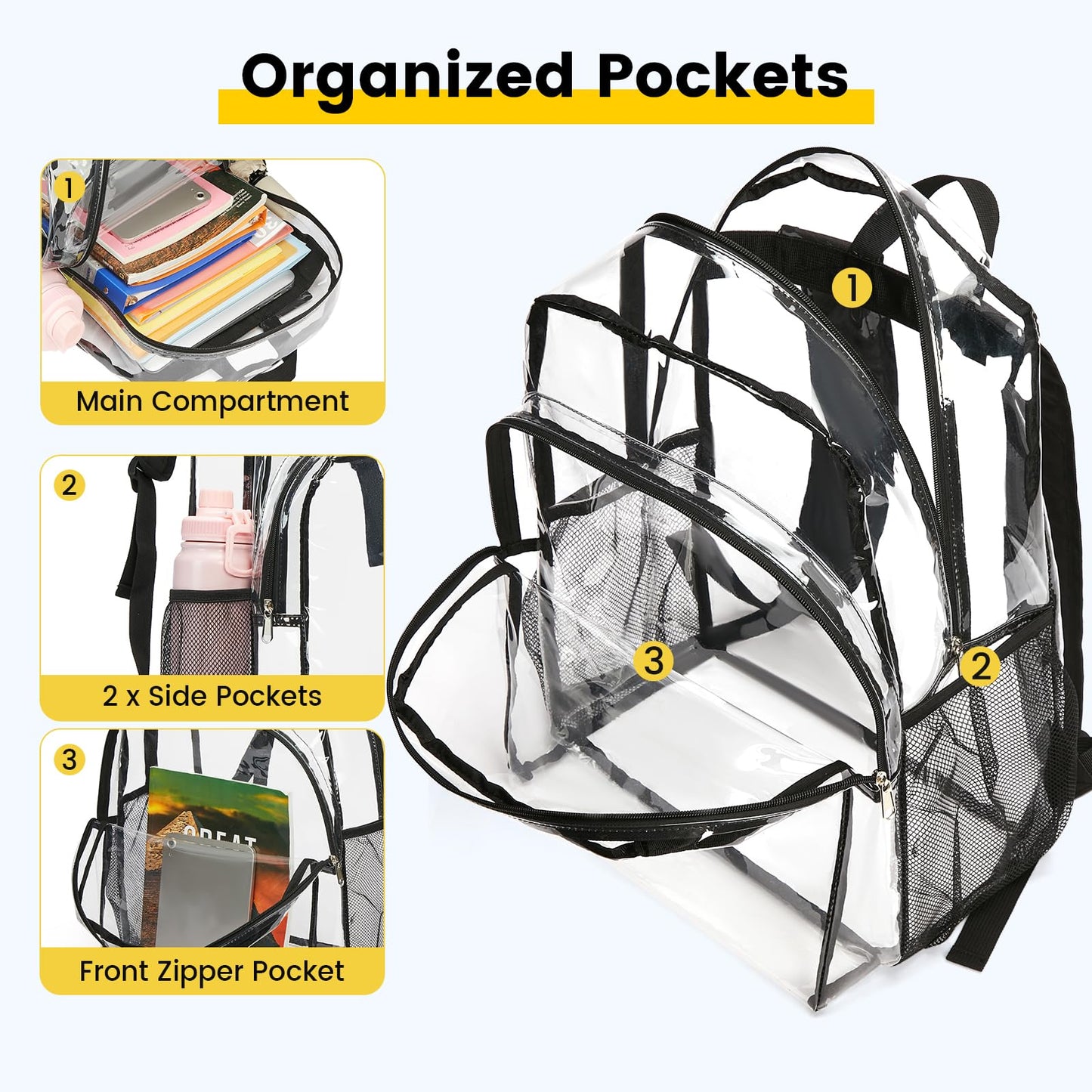 Vorspack Clear Backpack Heavy Duty - Transparent See Through Backpacks Extra Large Clear Bookbag for College Work Travel - Black