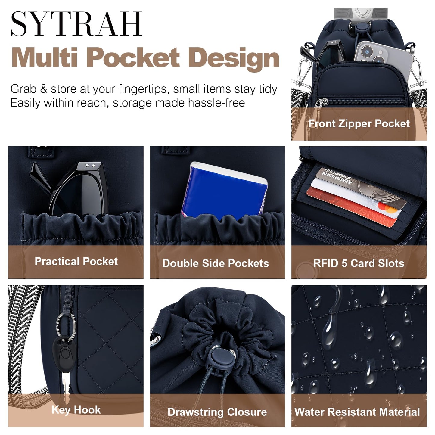 SYTRAH Water Bottle Carrier Bag with Strap, Water Bottle Purse with Phone Pocket 40oz, Insulated Crossbody Bags for Walking Hiking Dark Blue