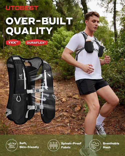 UTOBEST Running Vest, 5L Hydration Vest Lightweight, Running Backpack with 2 x Soft Flask, Adjustable Running Hydration Vest for Trail Running Marathon Race Jogging Cycling Black
