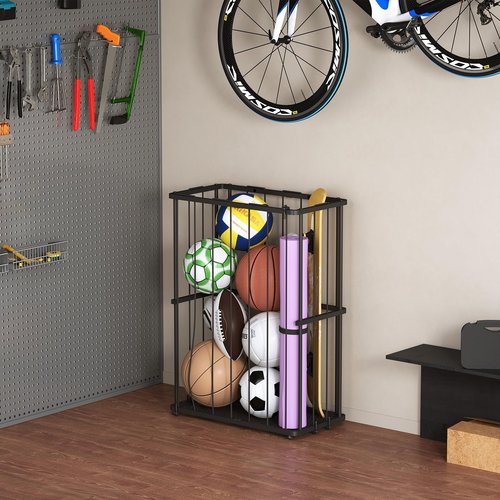 Garage Ball Storage Wall-Mounted & Floor Sports Equipment Organizer: Sports Ball Rack with Elastic Rope, Ball Holder for Basketball, Soccer, Volleyball, Football, Garage, Gym, Black(Patent Pending)