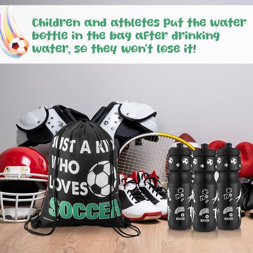 Reallnaive 12 Pcs Soccer Party Favors 24 oz Soccer Gift Water Bottle with Drawstring Bag Set Goodie Bags for Sports Team Gifts Birthday Decoration