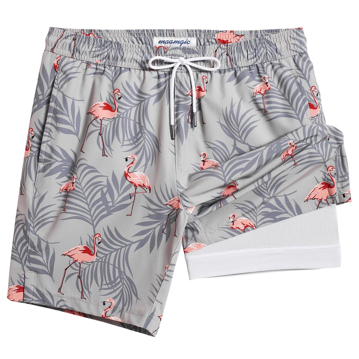 maamgic Mens Swim Trunks with Compression Liner 7 Inch Inseam Mens Bathing Suit Quick Dry Swimming Trunks Swimsuit Flamingo Gray White Medium