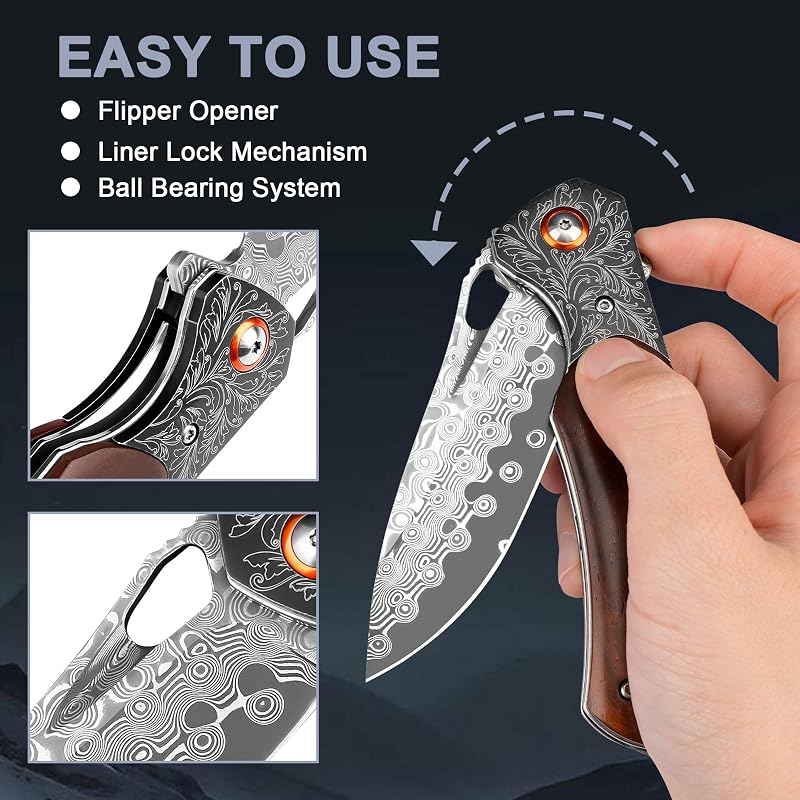 Damascus Pocket Knife with Rosewood Handle & Leather Sheath - 8.07in, DMPH