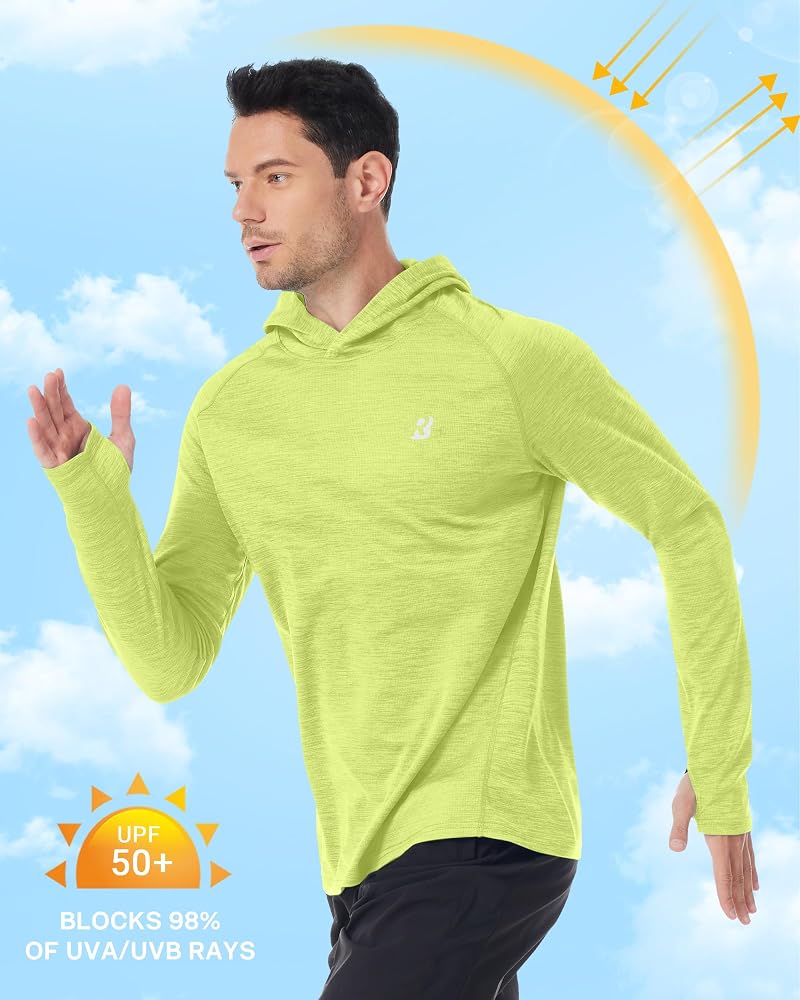 Men's UPF 50+ Sun Hoodie Long Sleeve Fishing Shirt with Thumb Holes - Lemon Yellow, Large