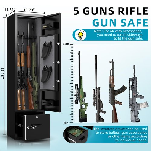 5-6 Gun Safe for Rifles and Pistols, Biometric Gun Cabinet with Drawer, Rifle Safe with Adjustable Gun Rack, 2 Pistol Pouches