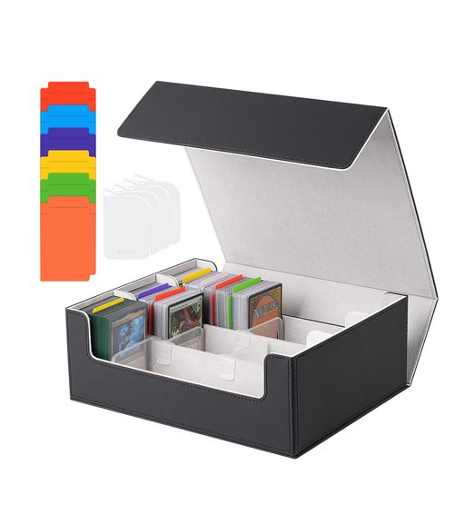 NEWLOOP Trading Card Storage Box - 2400+ Card Deck Case for Magic the Gathering PKM YuGiOh Sports Cards, Leather MTG PTCG Commander Deck with 12 PVC Dividers 4 Supporters, Black and Gray