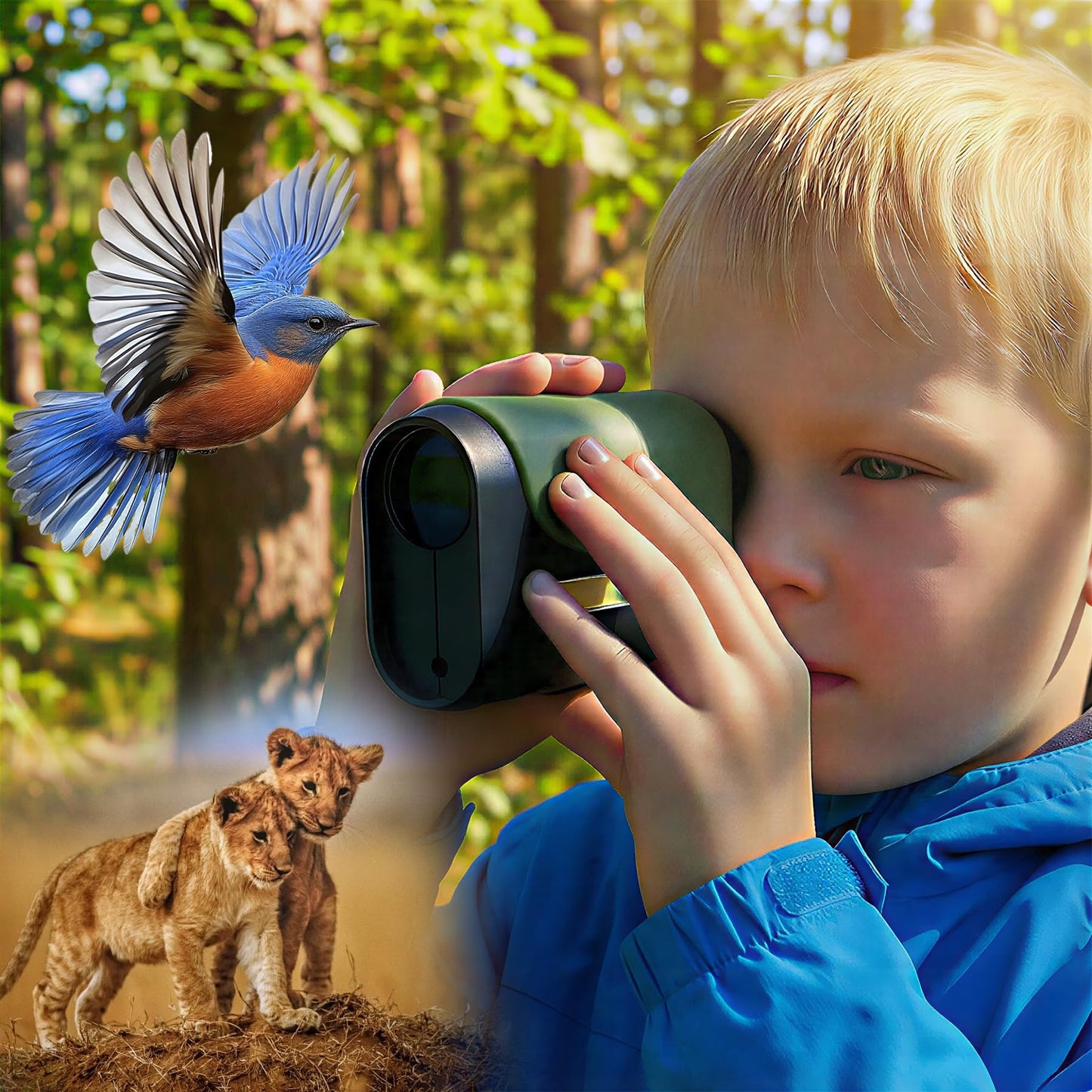 Kids Adventure Compact Monocular-Multi-Functional with Compass,LED Signal Light,Telescope Infrared Rays|Small Easy to Carry for Bird Watching,Camping,Hiking,Hunting,Sports Games Concerts（Army Green）
