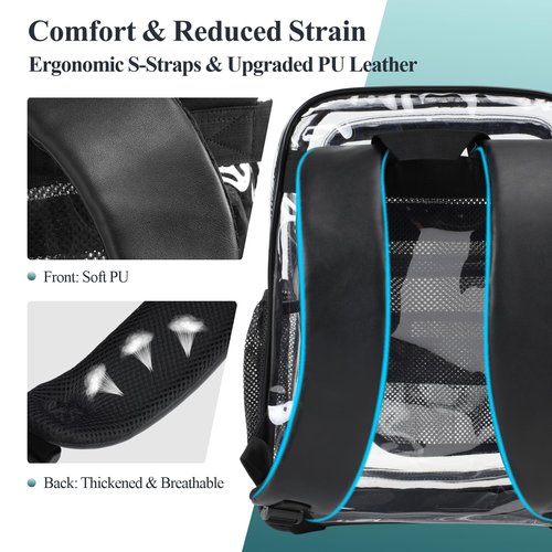 PACKISM Clear Backpack for School - 17 Inch Heavy Duty Clear Bookbag with PU Leather Straps 2 Front Pockets for Boys Girls Students, Transparent PVC See Through Backpacks, Black (Age 12+)
